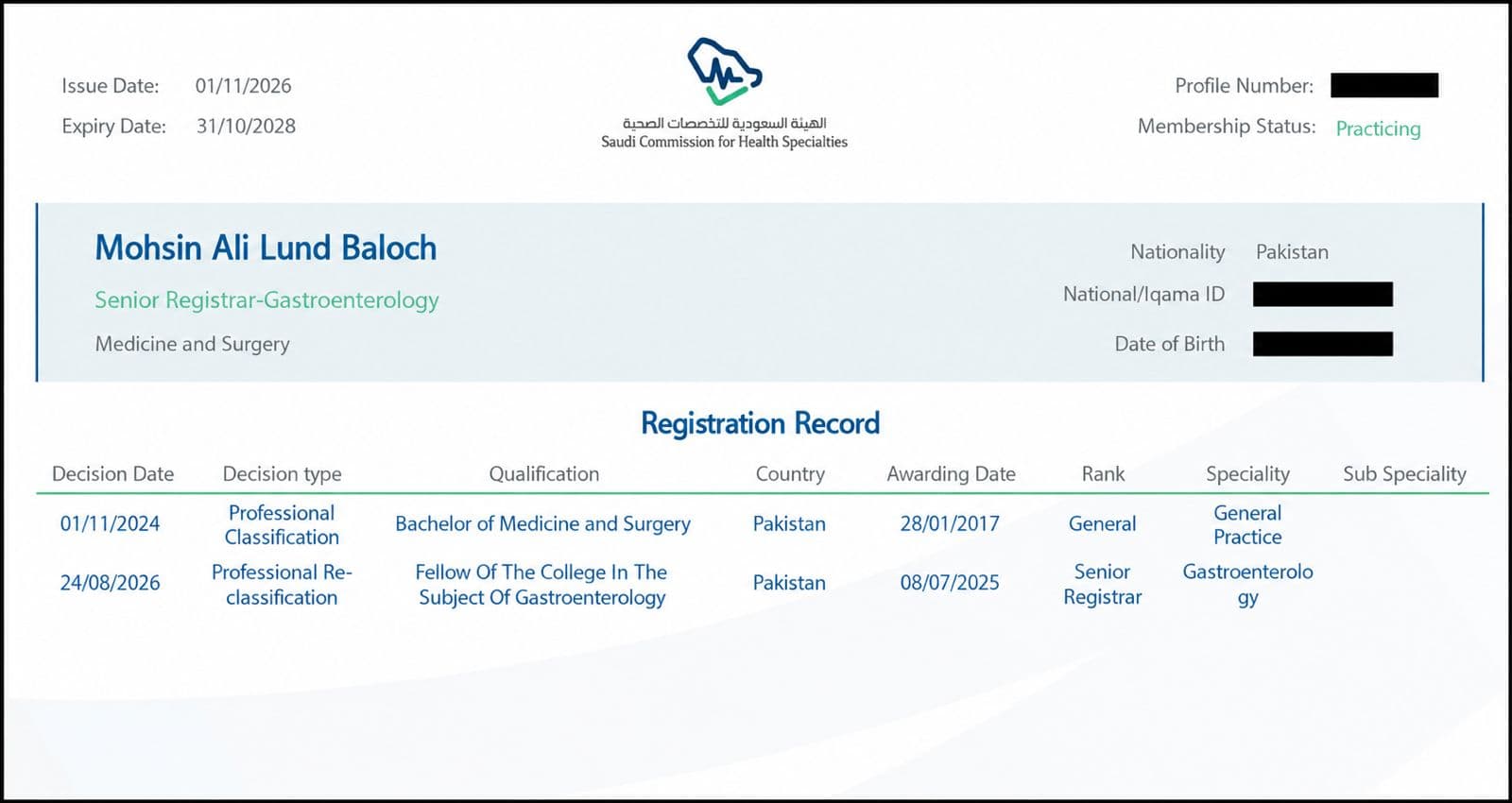 SCFHS professional classification for Dr. Mohsin Ali Baloch — Senior Registrar in Gastroenterology, Practicing