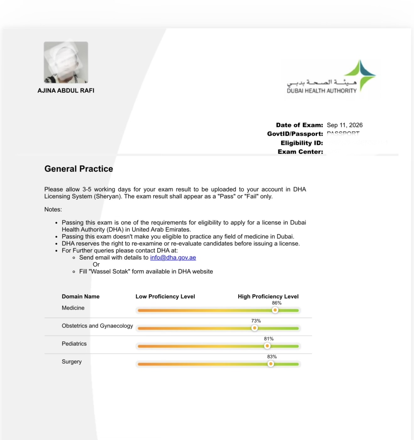 Dr. Ajina Abdul Rafi — DHA Prometric General Practice score report, 11 September 2026: Medicine 86%, OBGYN 73%, Pediatrics 81%, Surgery 83%