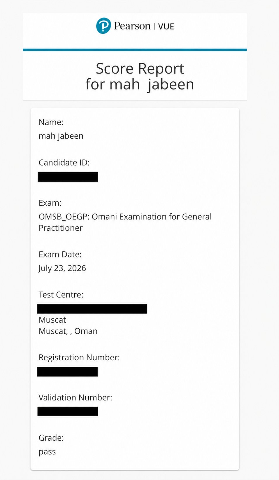 Dr. Mah Jabeen — Pearson VUE OMSB Omani Examination for General Practitioner score report, pass, July 23 2026