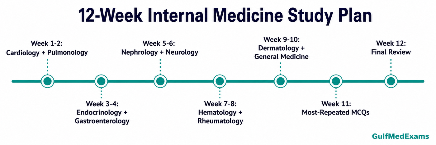12-week Internal Medicine study plan timeline for Gulf Prometric exams
