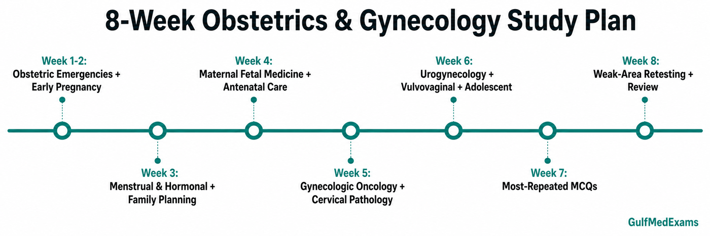 8-week Obstetrics and Gynecology study plan timeline for Gulf Prometric exams