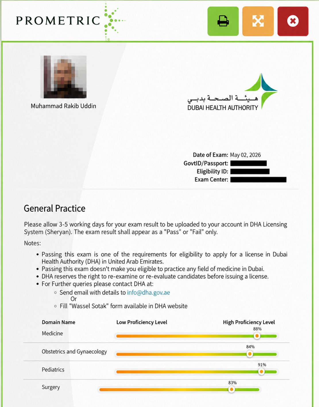Dr. Rakib Uddin — DHA Prometric score report: Medicine 88%, Pediatrics 91%, OBGYN 84%, Surgery 83%