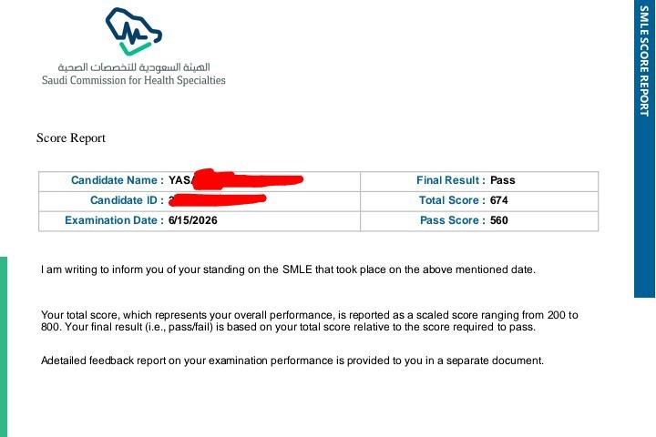 Dr. Yasir Ahmad SMLE score report — Saudi Commission for Health Specialties (SCFHS) Prometric pass, 674/800 (84.3%), June 2026, Saudi Arabia medical licensing exam